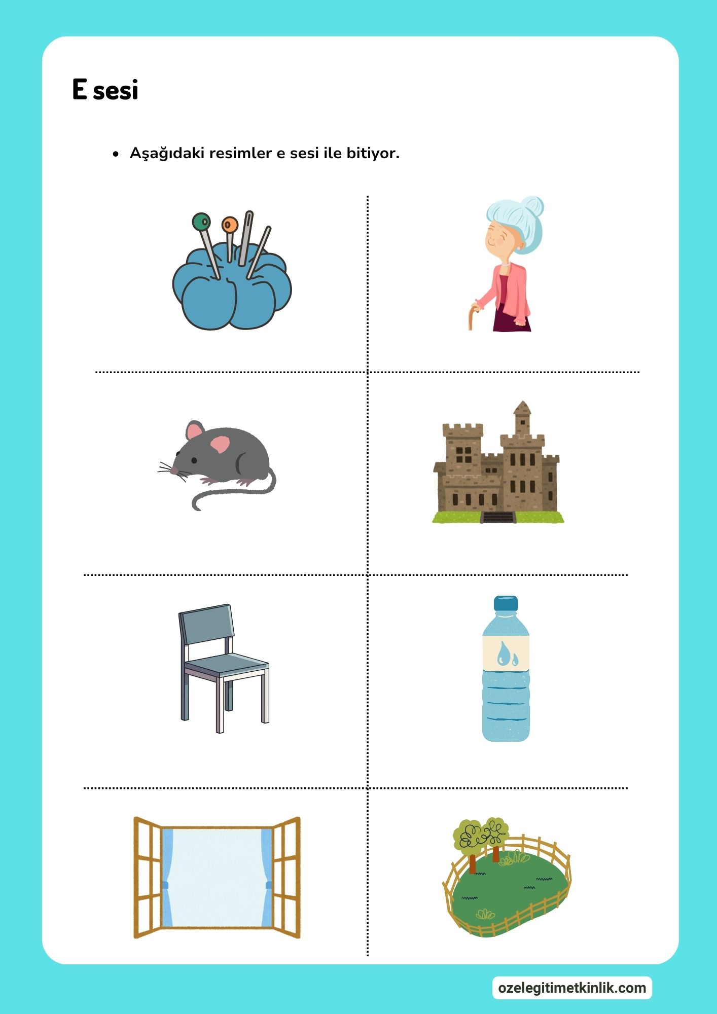 E Sesi Hissettirme Çalışma Sayfaları