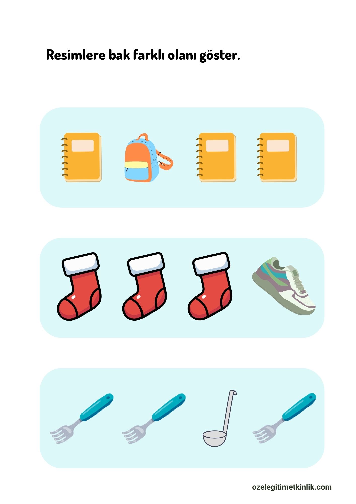 Görsel Ayırt Etme Becerisi Çalışma Sayfası – Farklı Nesneyi Bul
