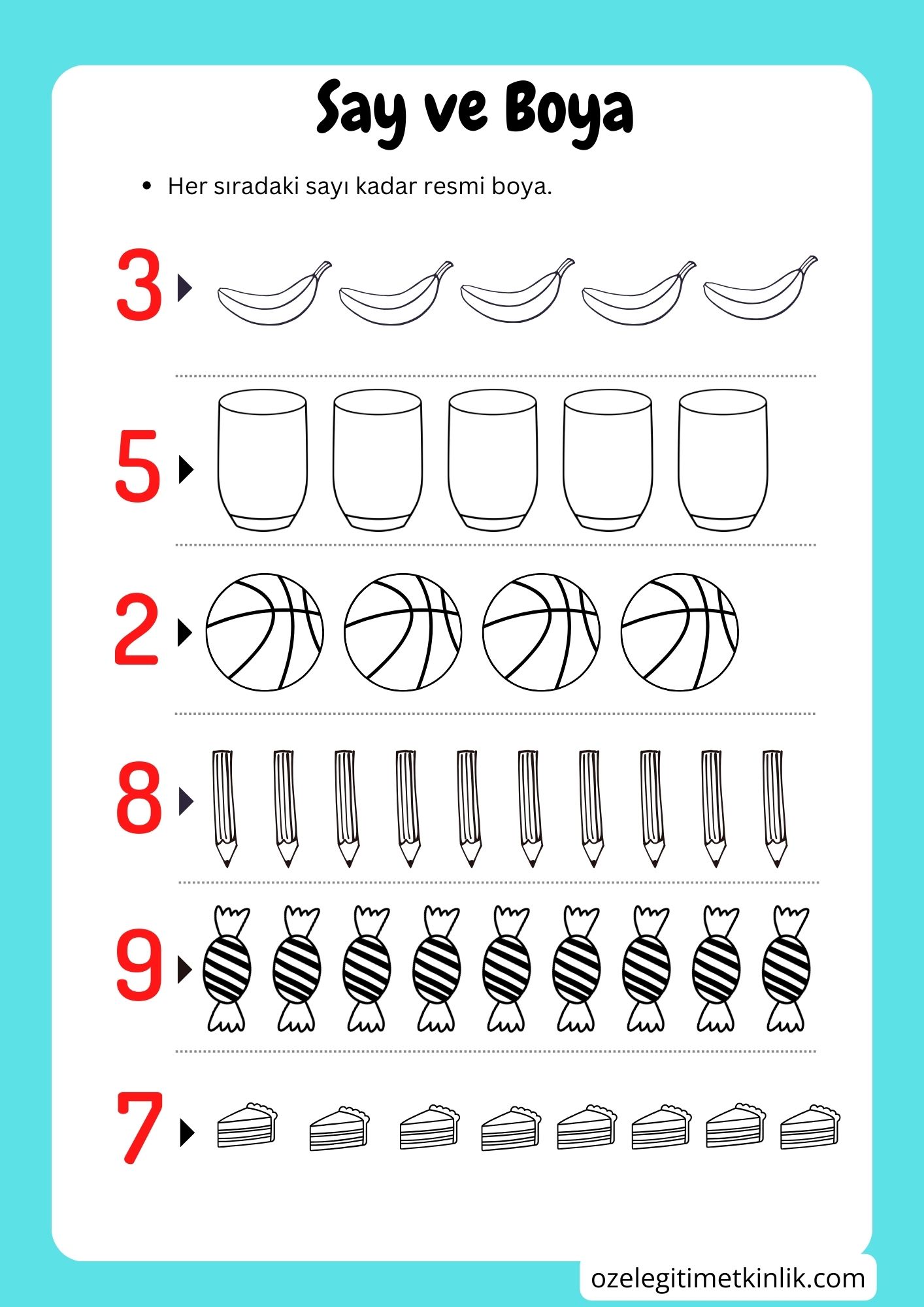 Say ve Boya Nesne Sayma Etkinlik Sayfası Özel Eğitim Etkinlik