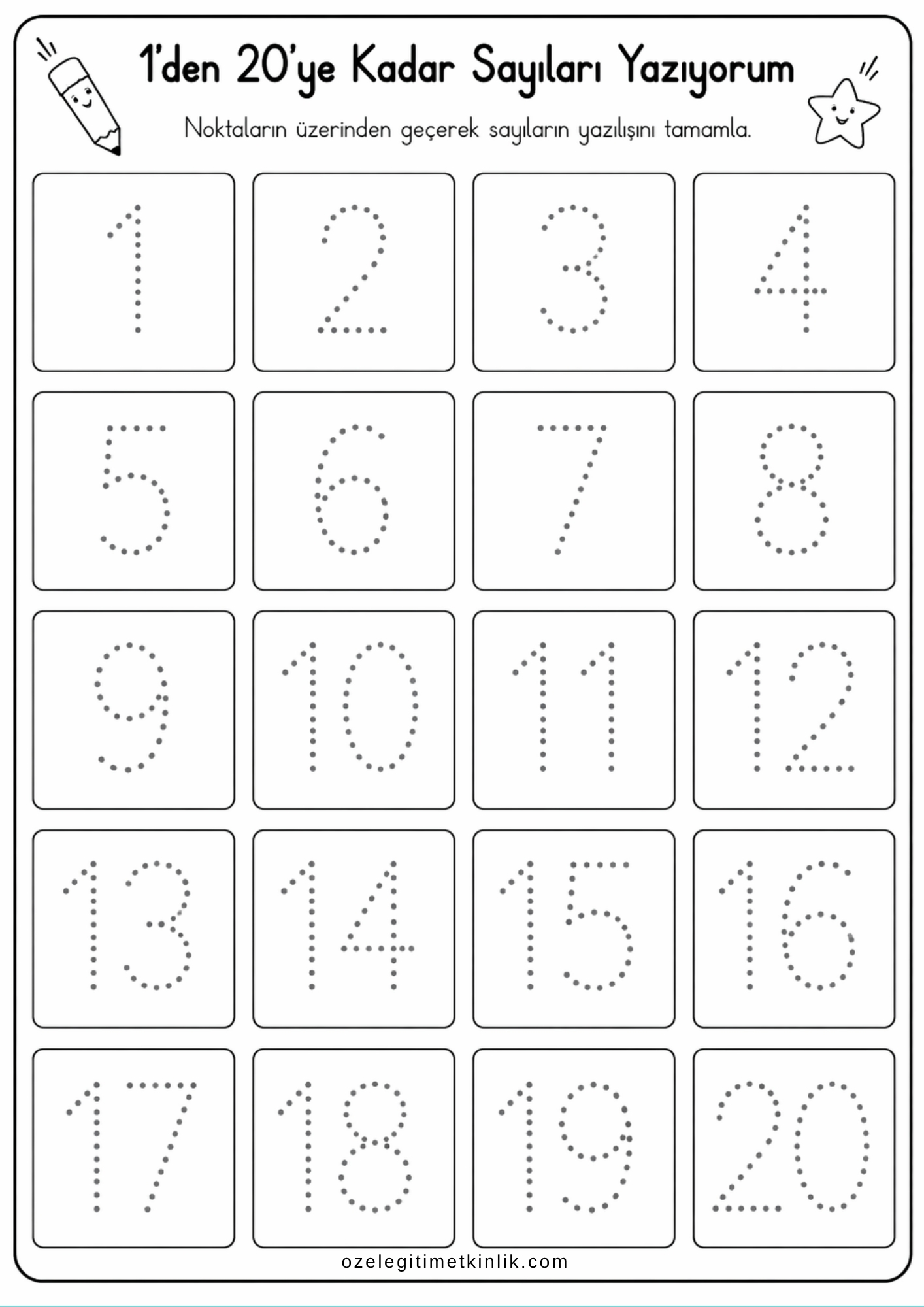 20’ye Kadar Yazma ve Ritmik Sayma Çalışma Kağıdı