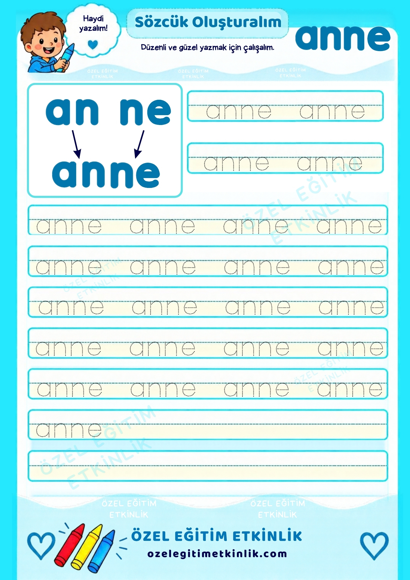 E Harfi Ekinlikleri anne Yazma 1. Sınıf